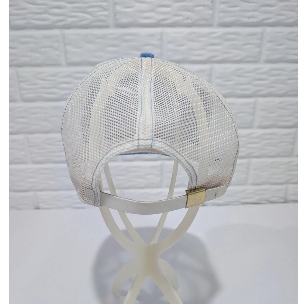 Vintage Bekaert Trucker Hat Blue White Mesh Made in USA Adjustable Snapback Cap